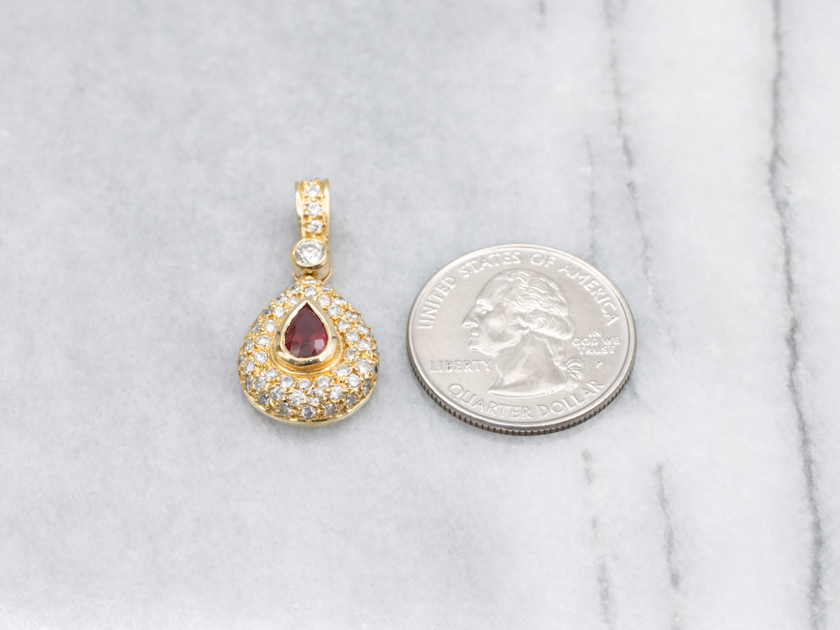 Modern Teardrop Ruby and Diamond Halo Pendant
