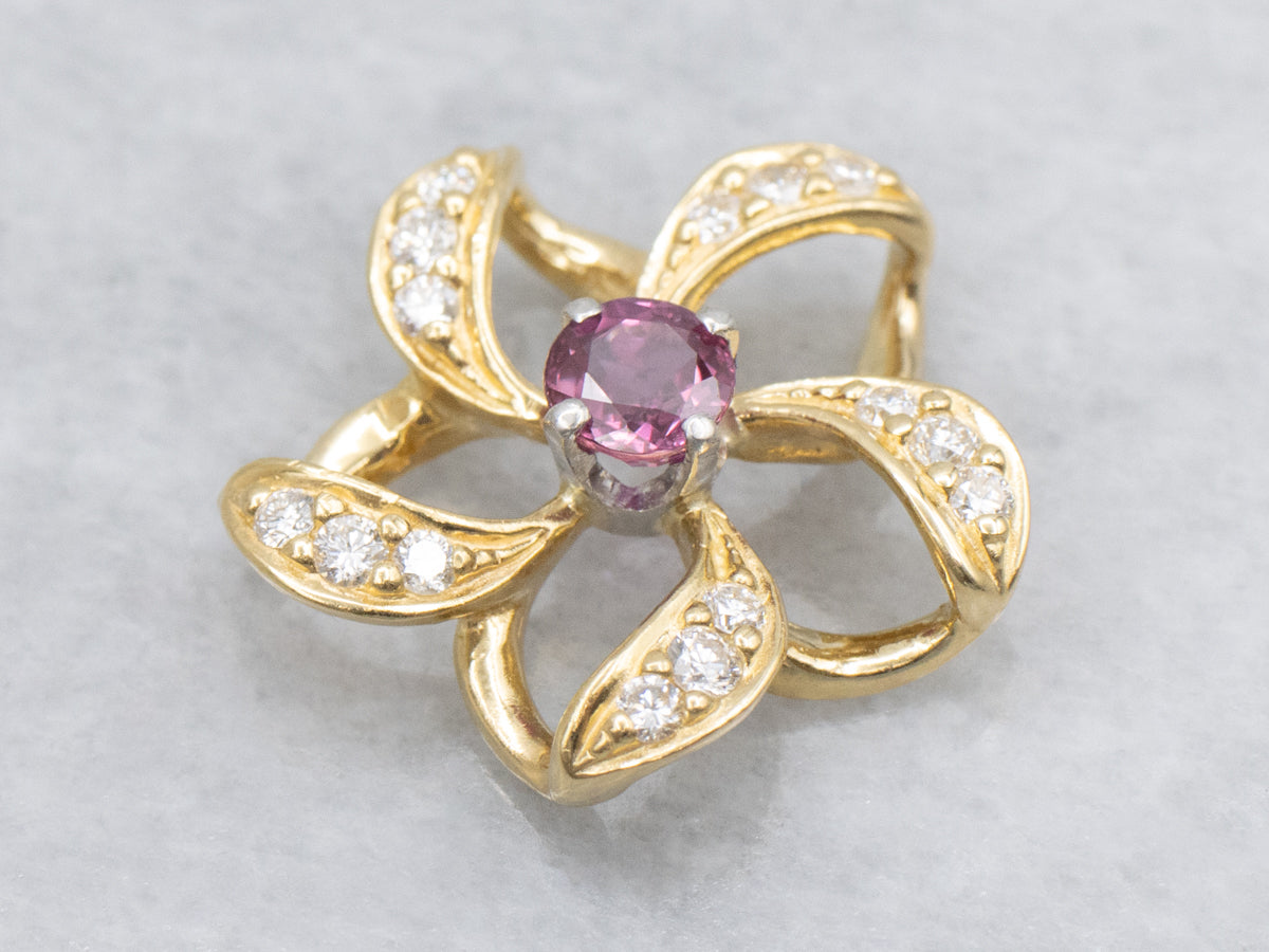 Floral Ruby and Diamond Platinum and 18K Gold Pendant