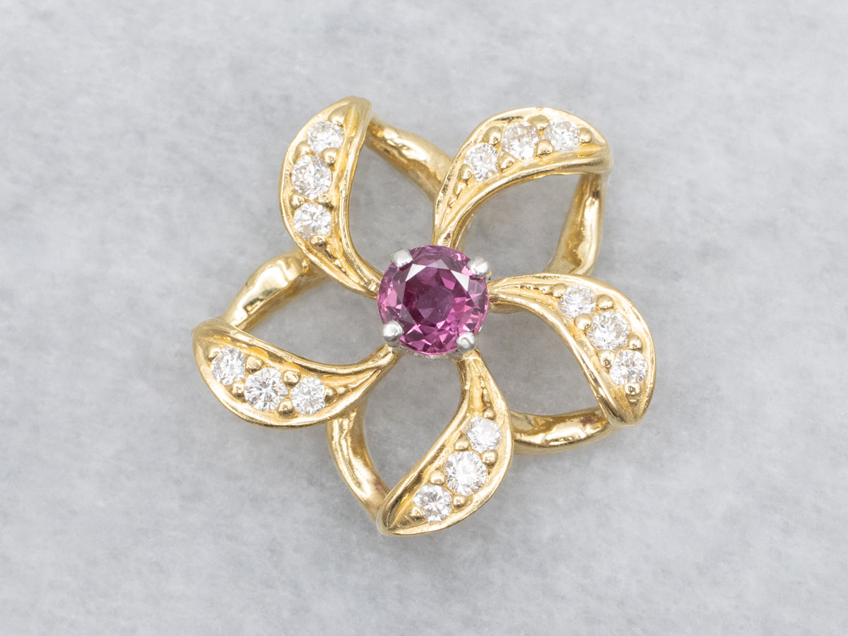 Floral Ruby and Diamond Platinum and 18K Gold Pendant