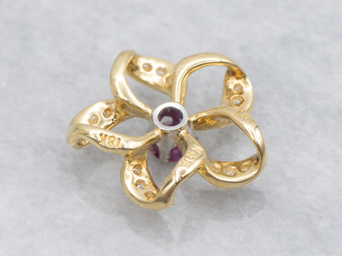 Floral Ruby and Diamond Platinum and 18K Gold Pendant