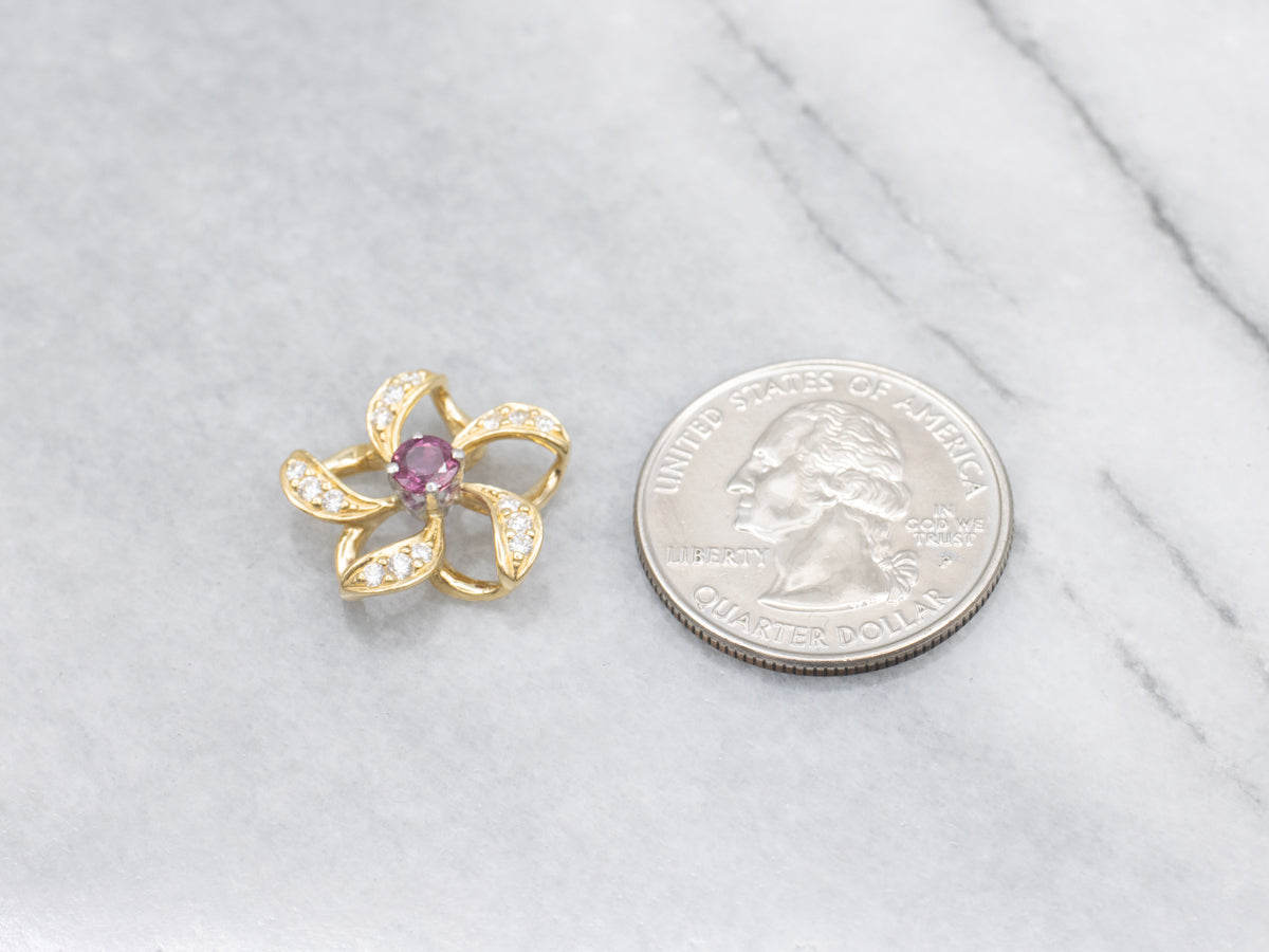 Floral Ruby and Diamond Platinum and 18K Gold Pendant