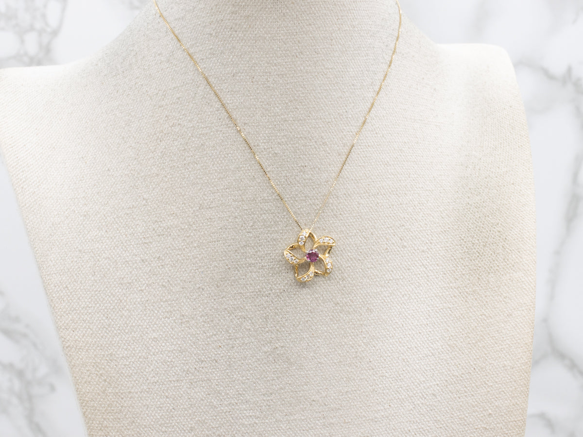 Floral Ruby and Diamond Platinum and 18K Gold Pendant