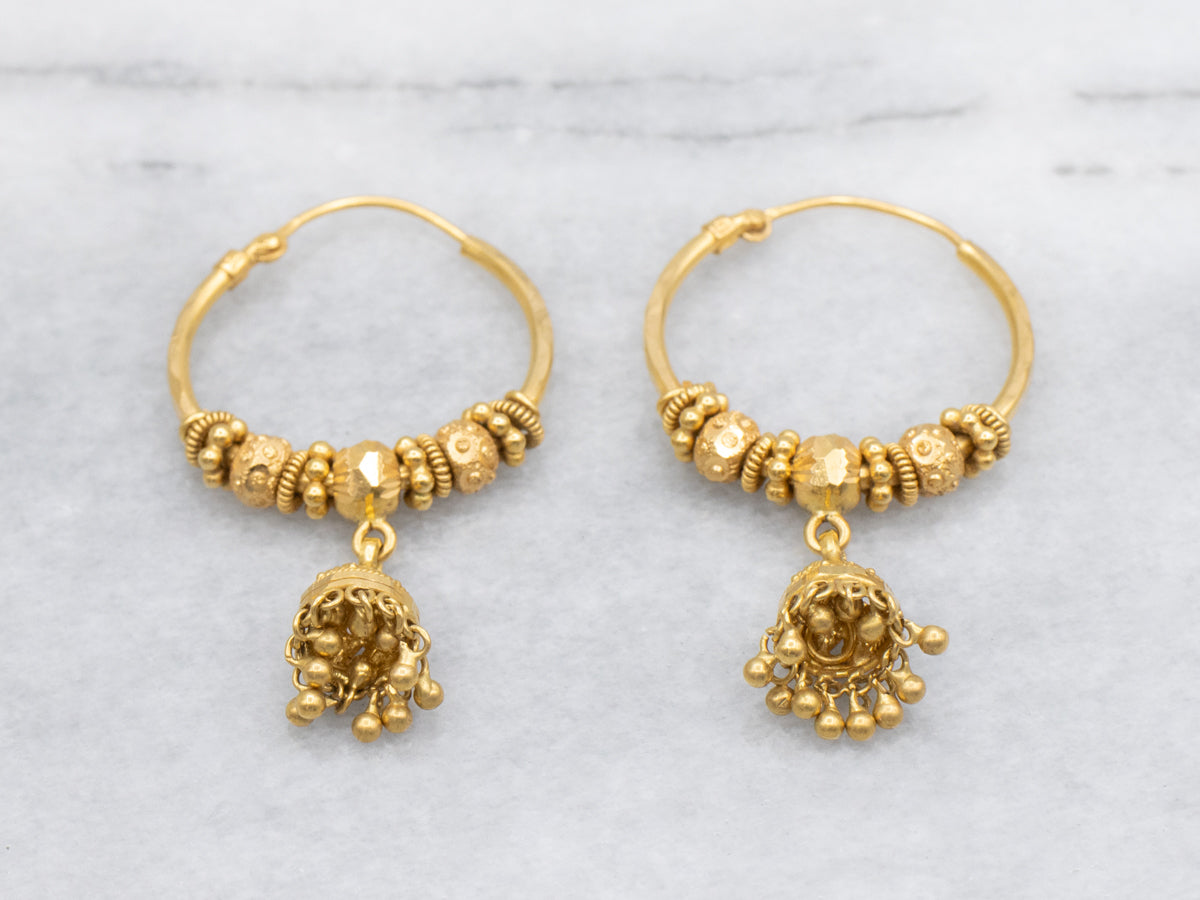 Vintage 22-Karat Gold Beaded Tassel Hoop Earrings