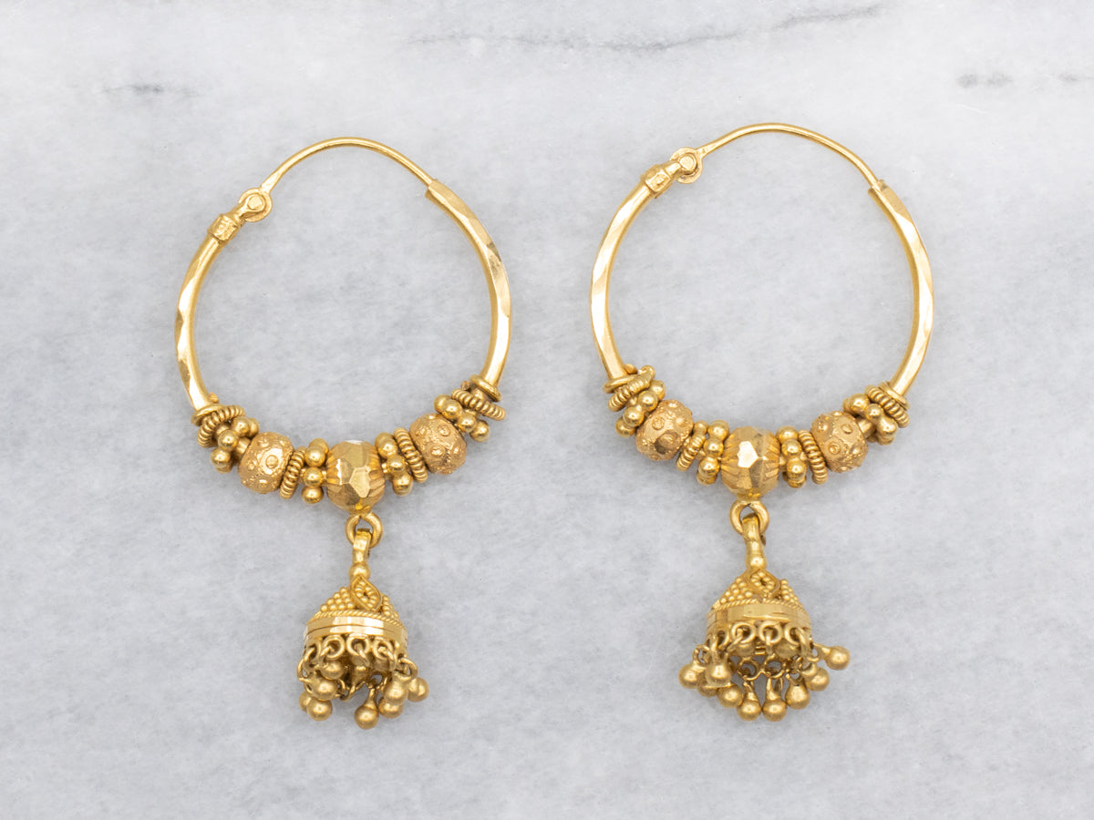 Vintage 22-Karat Gold Beaded Tassel Hoop Earrings