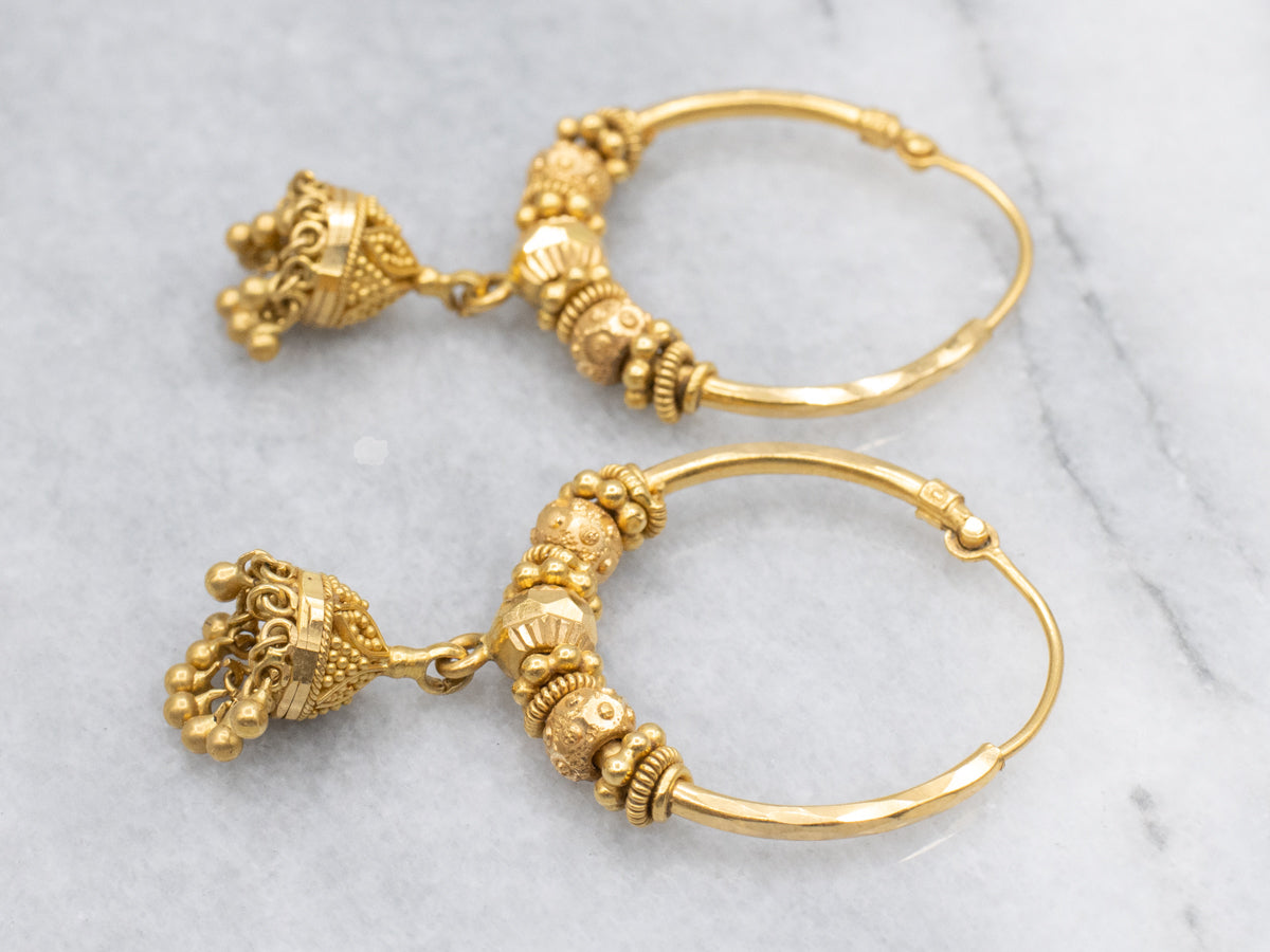 Vintage 22-Karat Gold Beaded Tassel Hoop Earrings