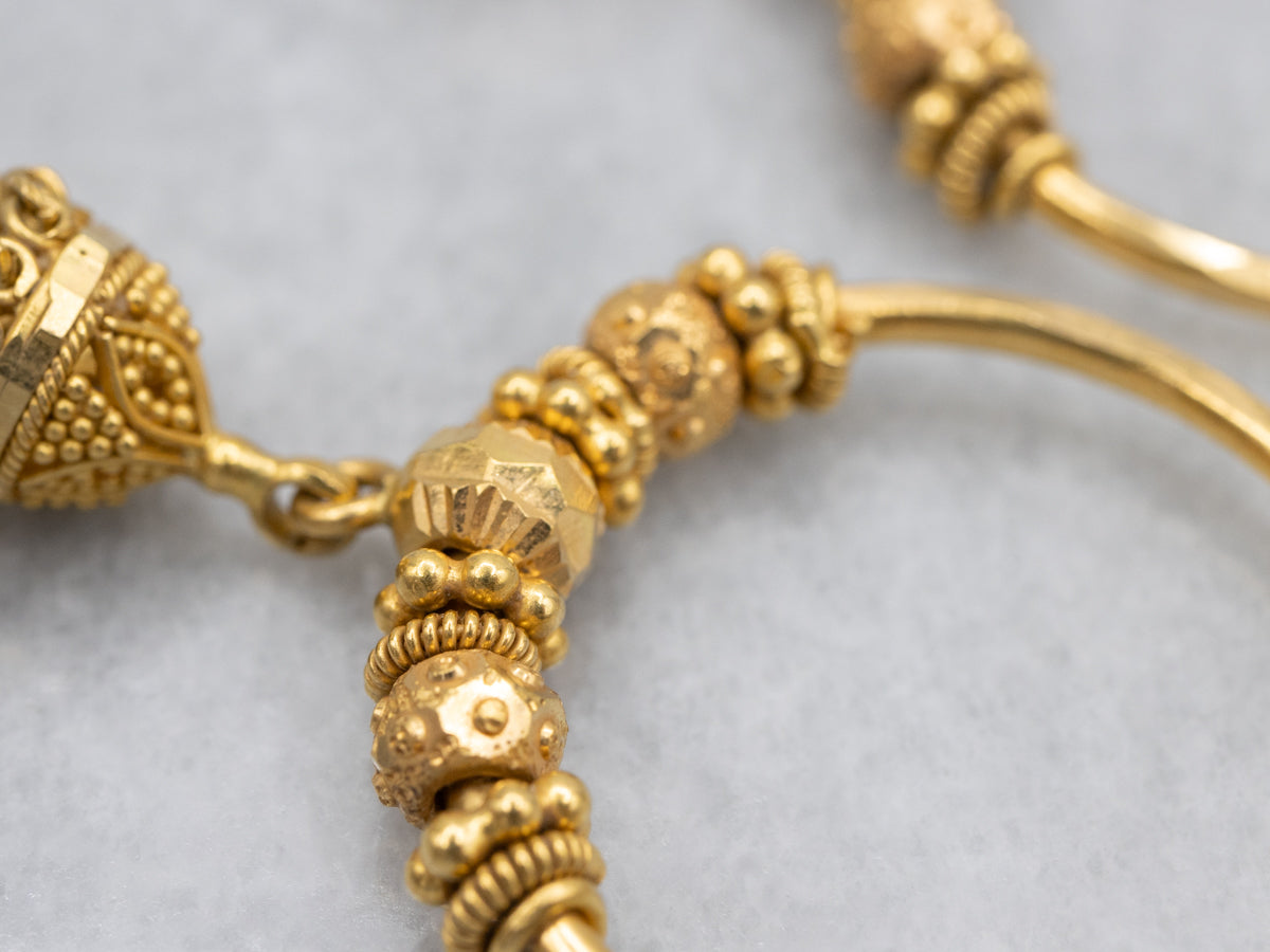 Vintage 22-Karat Gold Beaded Tassel Hoop Earrings