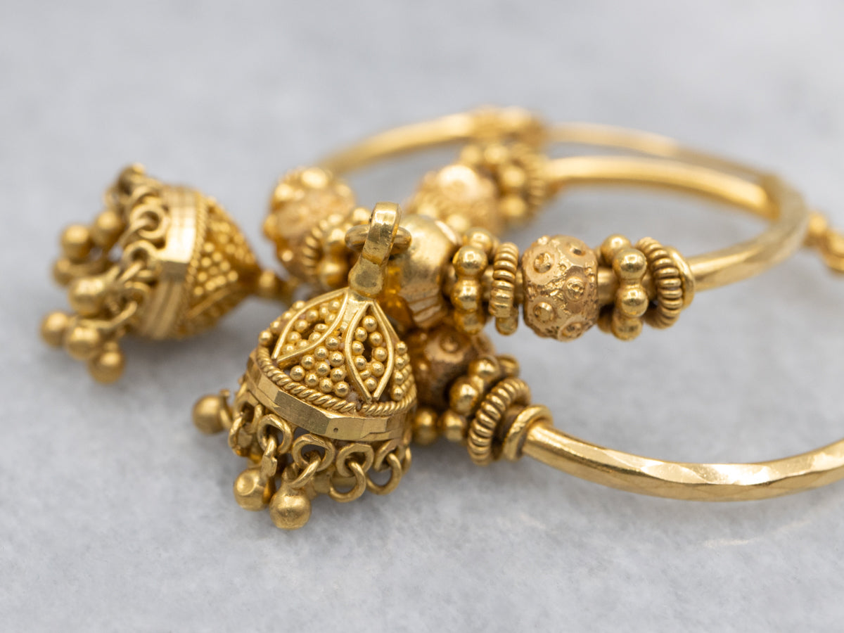 Vintage 22-Karat Gold Beaded Tassel Hoop Earrings