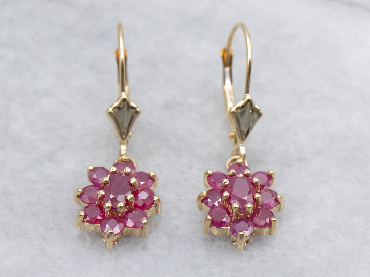 Vintage Glass-Filled Ruby Cluster Gold Drop Earrings