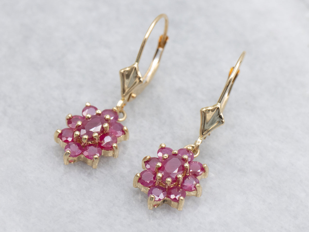 Vintage Glass-Filled Ruby Cluster Gold Drop Earrings