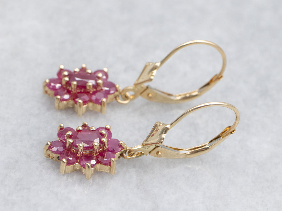 Vintage Glass-Filled Ruby Cluster Gold Drop Earrings
