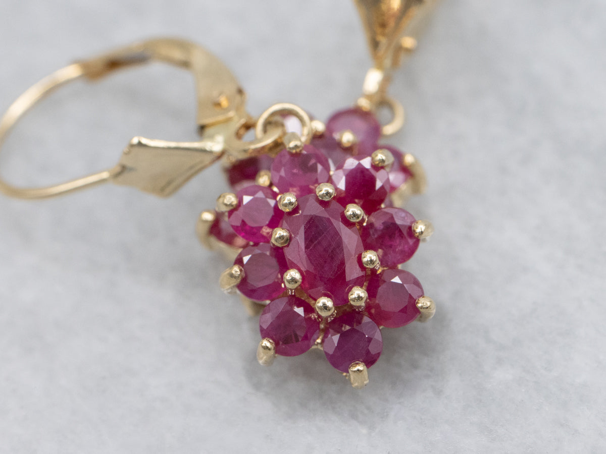 Vintage Glass-Filled Ruby Cluster Gold Drop Earrings
