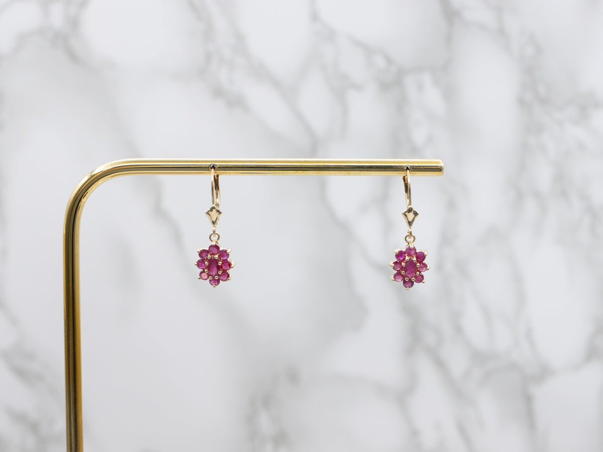 Vintage Glass-Filled Ruby Cluster Gold Drop Earrings