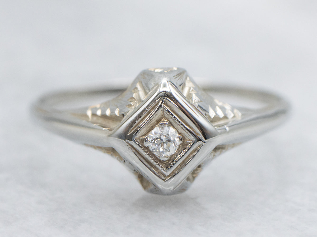 Old Mine Cut Diamond White Gold Art Deco Ring
