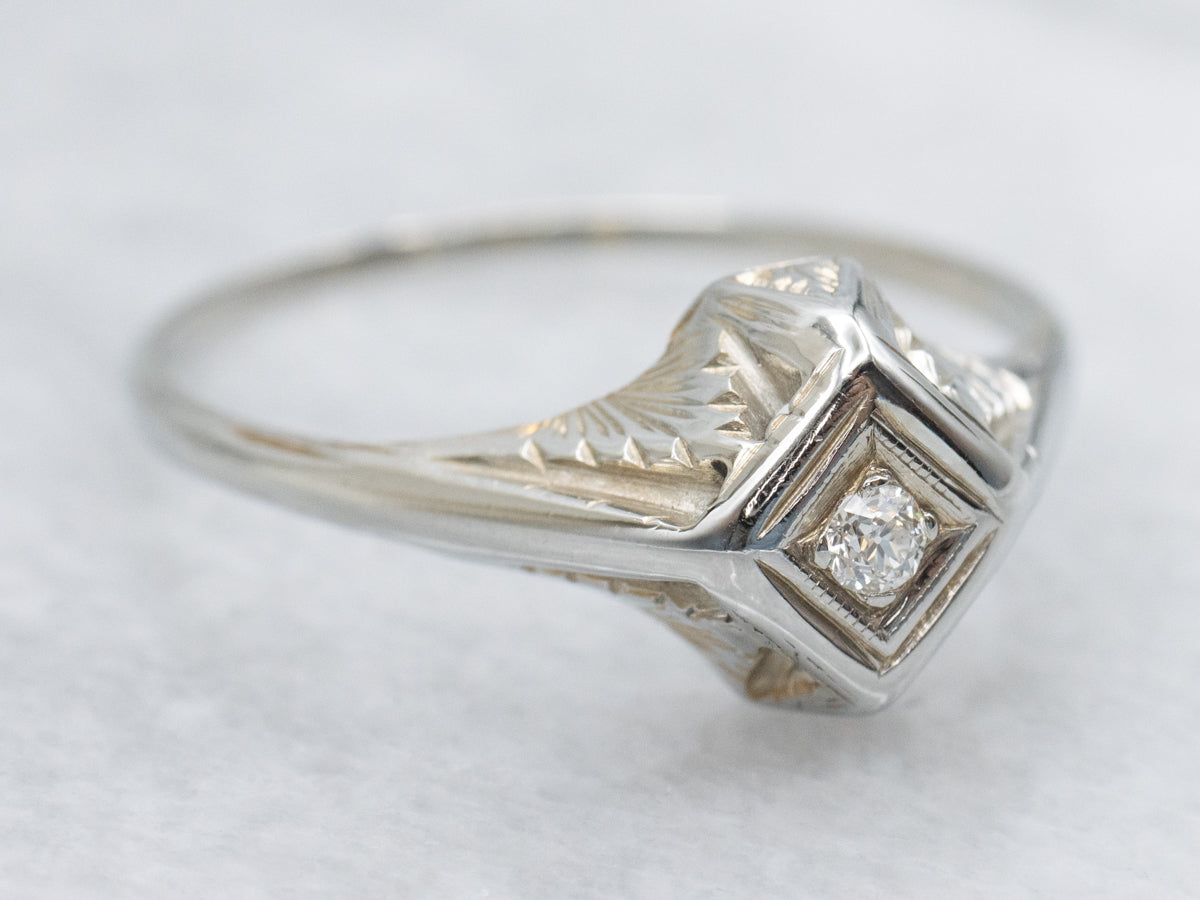 Old Mine Cut Diamond White Gold Art Deco Ring