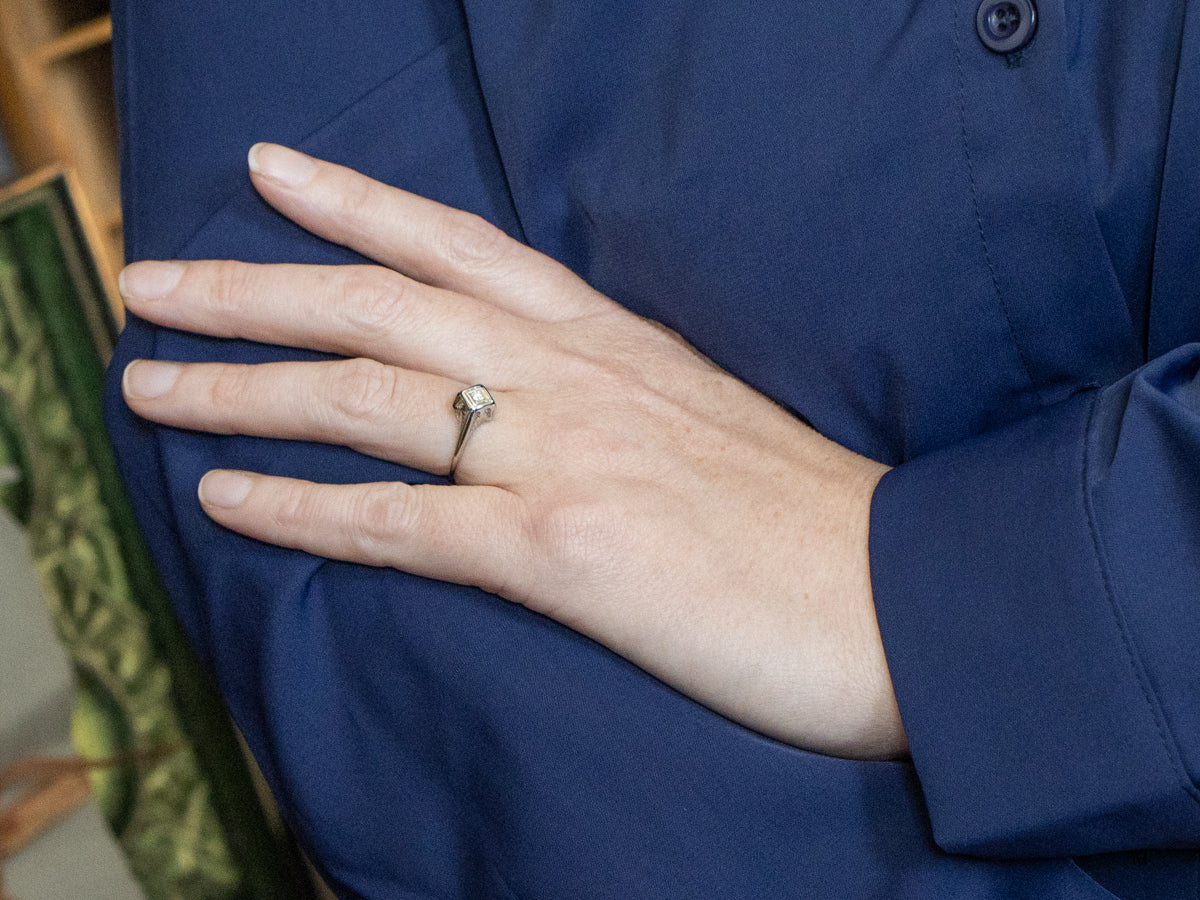 Old Mine Cut Diamond White Gold Art Deco Ring