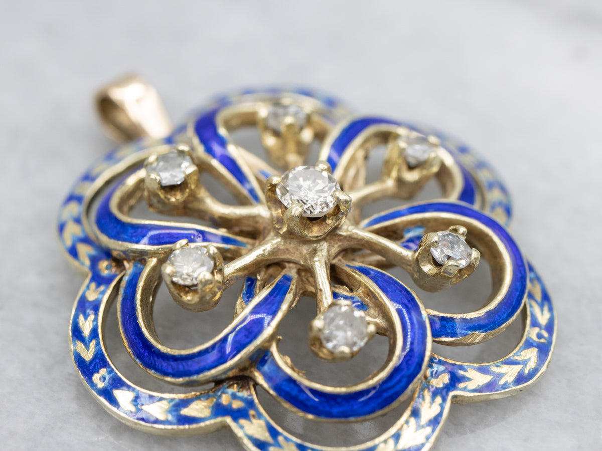 Blue Enamel and Diamond Gold Floral Pendant