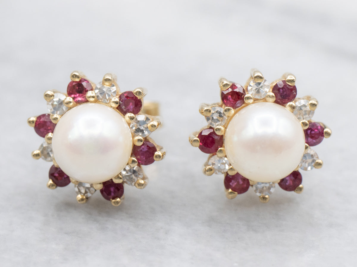Saltwater Pearl Diamond and Ruby Halo Stud Earrings