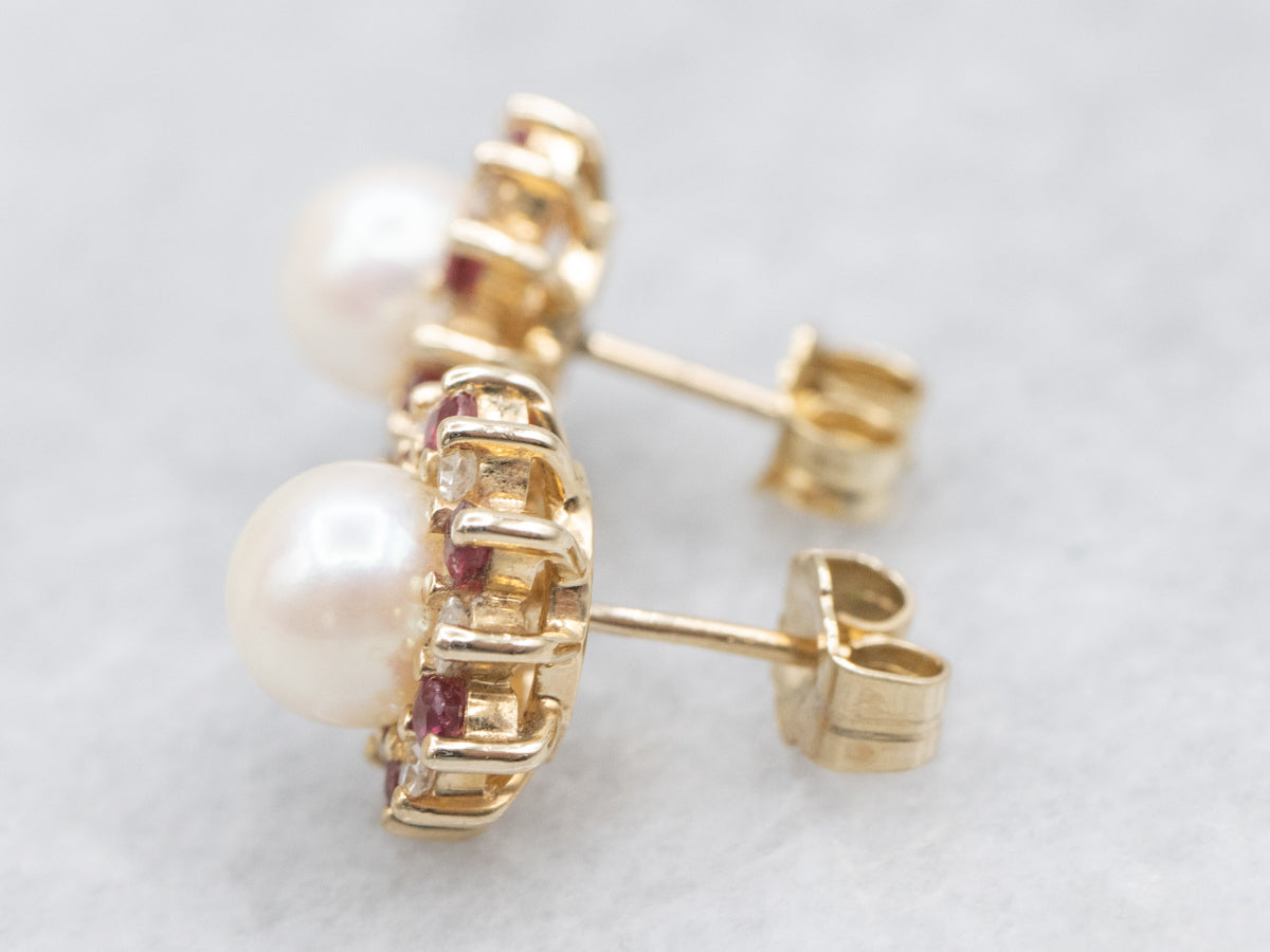 Saltwater Pearl Diamond and Ruby Halo Stud Earrings