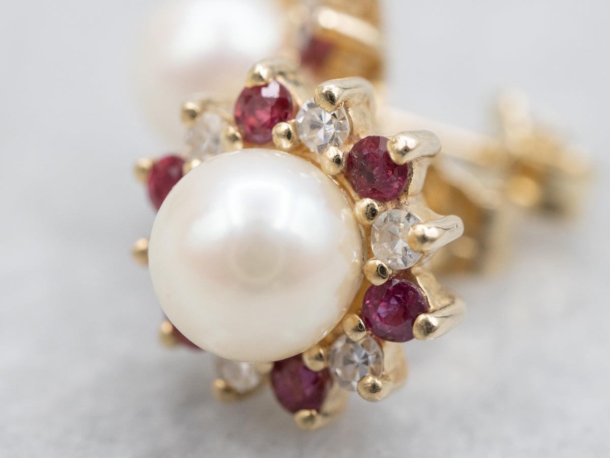 Saltwater Pearl Diamond and Ruby Halo Stud Earrings