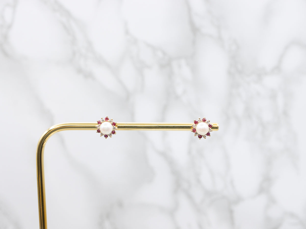 Saltwater Pearl Diamond and Ruby Halo Stud Earrings