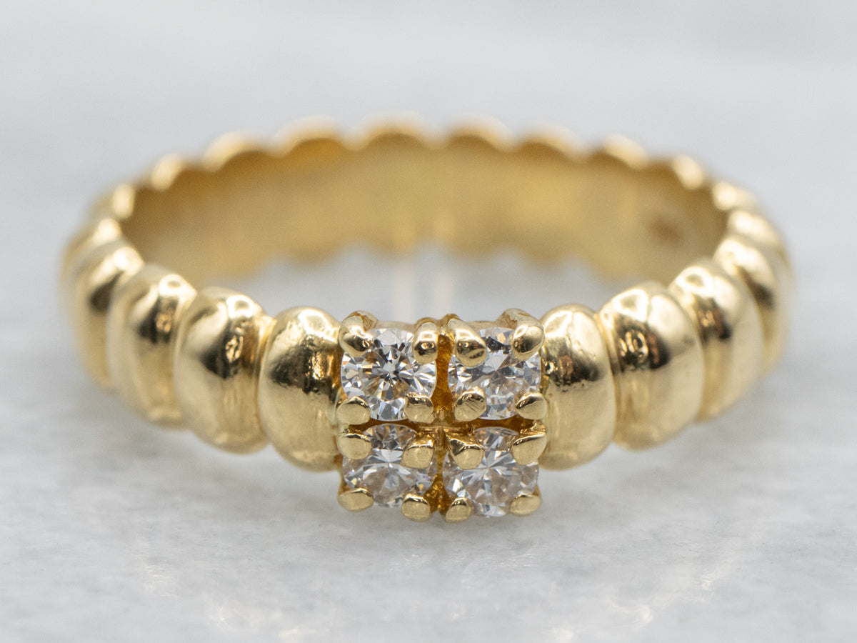 Diamond and Yellow Gold Grooved Ring
