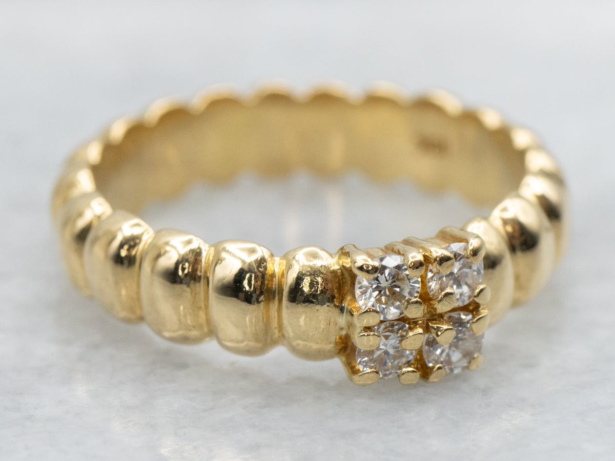 Diamond and Yellow Gold Grooved Ring
