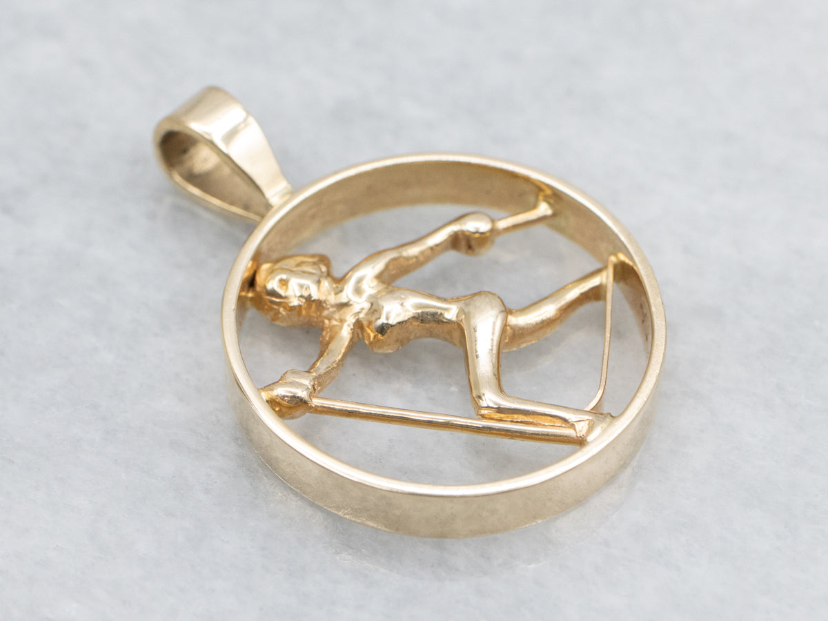 Round Yellow Gold Cross-Country Skiing Pendant