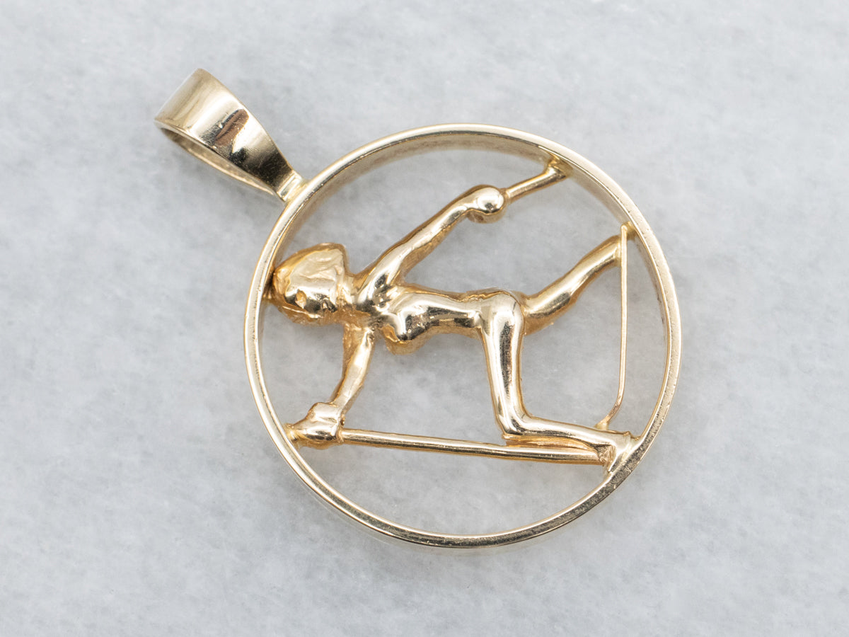 Round Yellow Gold Cross-Country Skiing Pendant