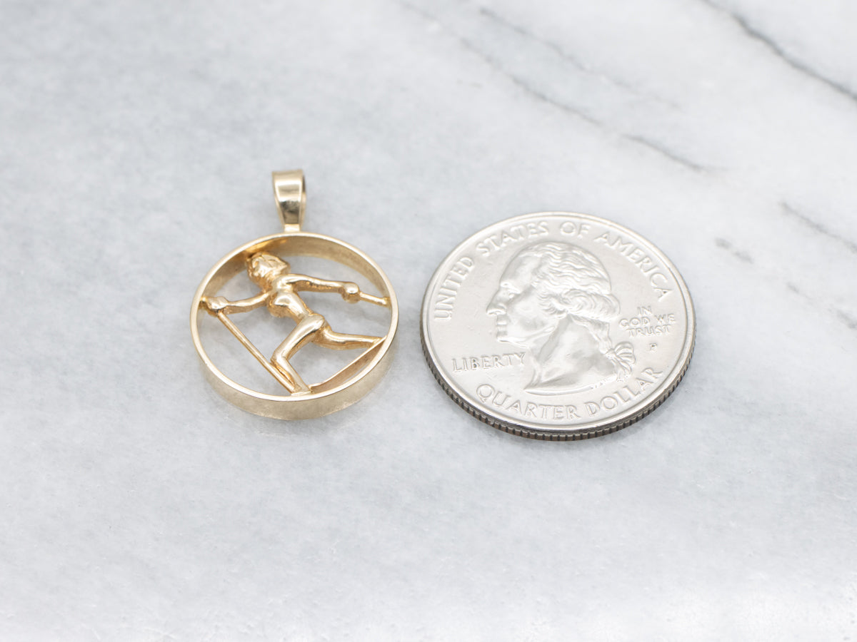Round Yellow Gold Cross-Country Skiing Pendant