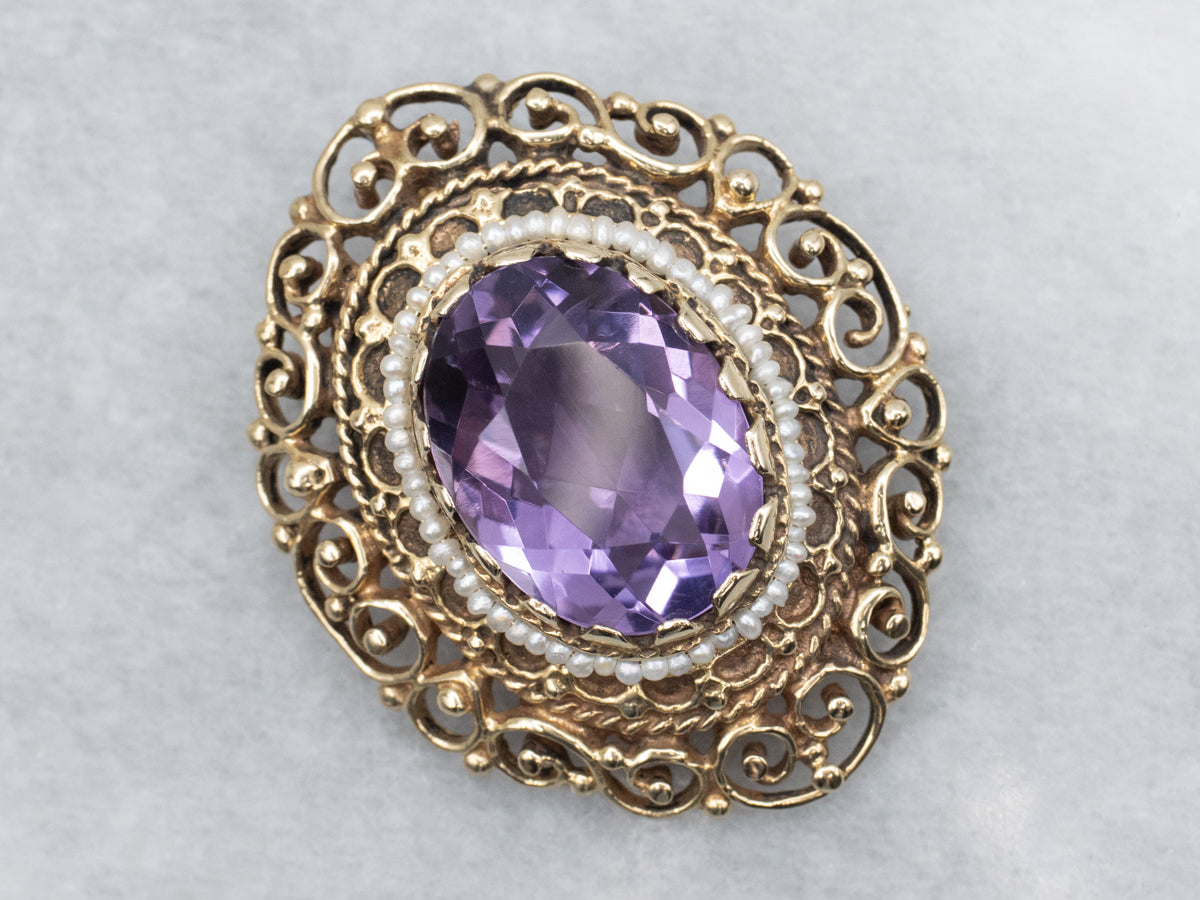 Amethyst and Seed Pearl Gold Filigree Halo Pendant