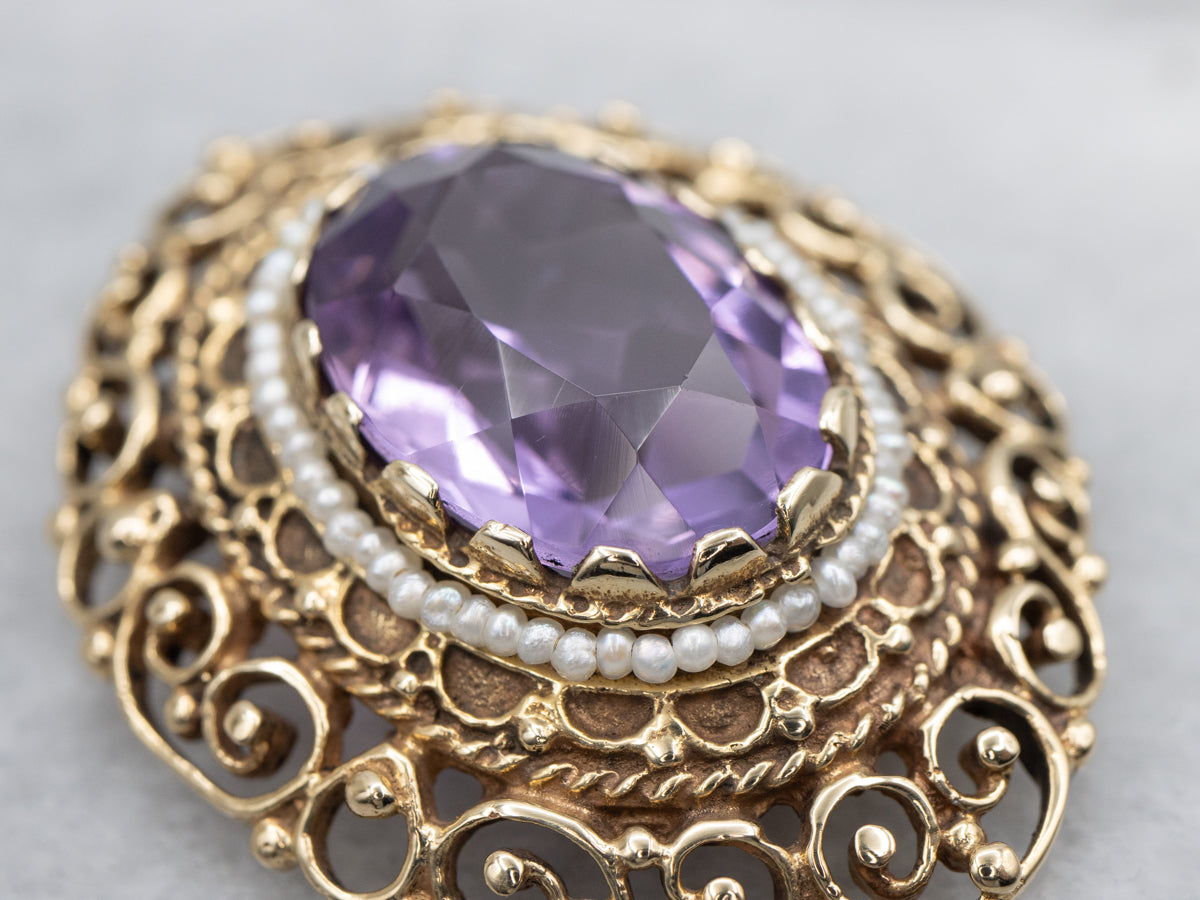 Amethyst and Seed Pearl Gold Filigree Halo Pendant