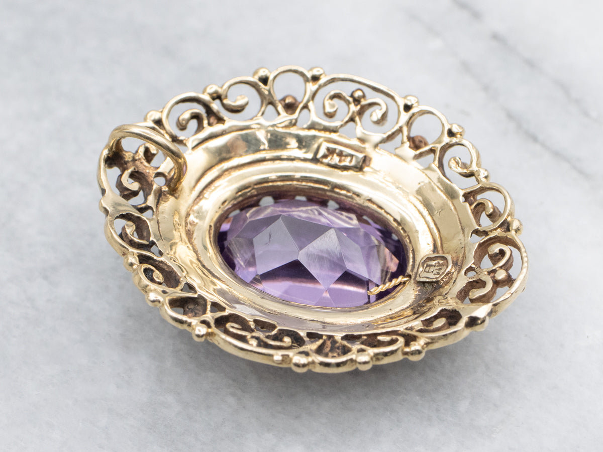 Amethyst and Seed Pearl Gold Filigree Halo Pendant