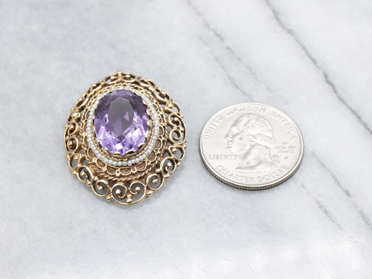 Amethyst and Seed Pearl Gold Filigree Halo Pendant
