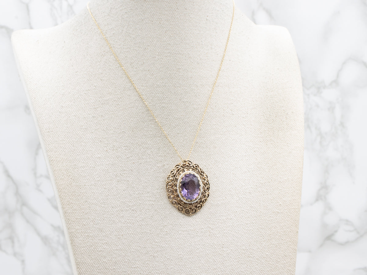 Amethyst and Seed Pearl Gold Filigree Halo Pendant