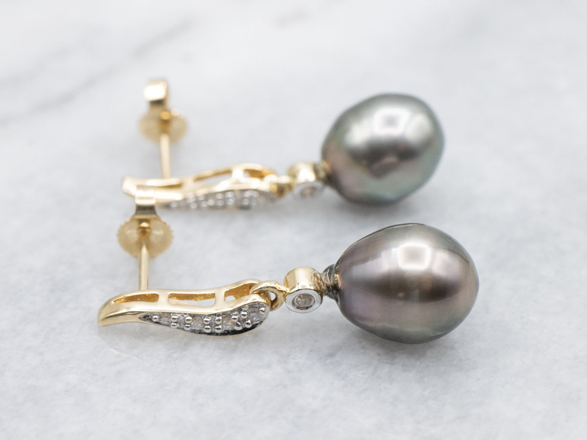 Grey Pearl and Diamond Stud Back Gold Drop Earrings