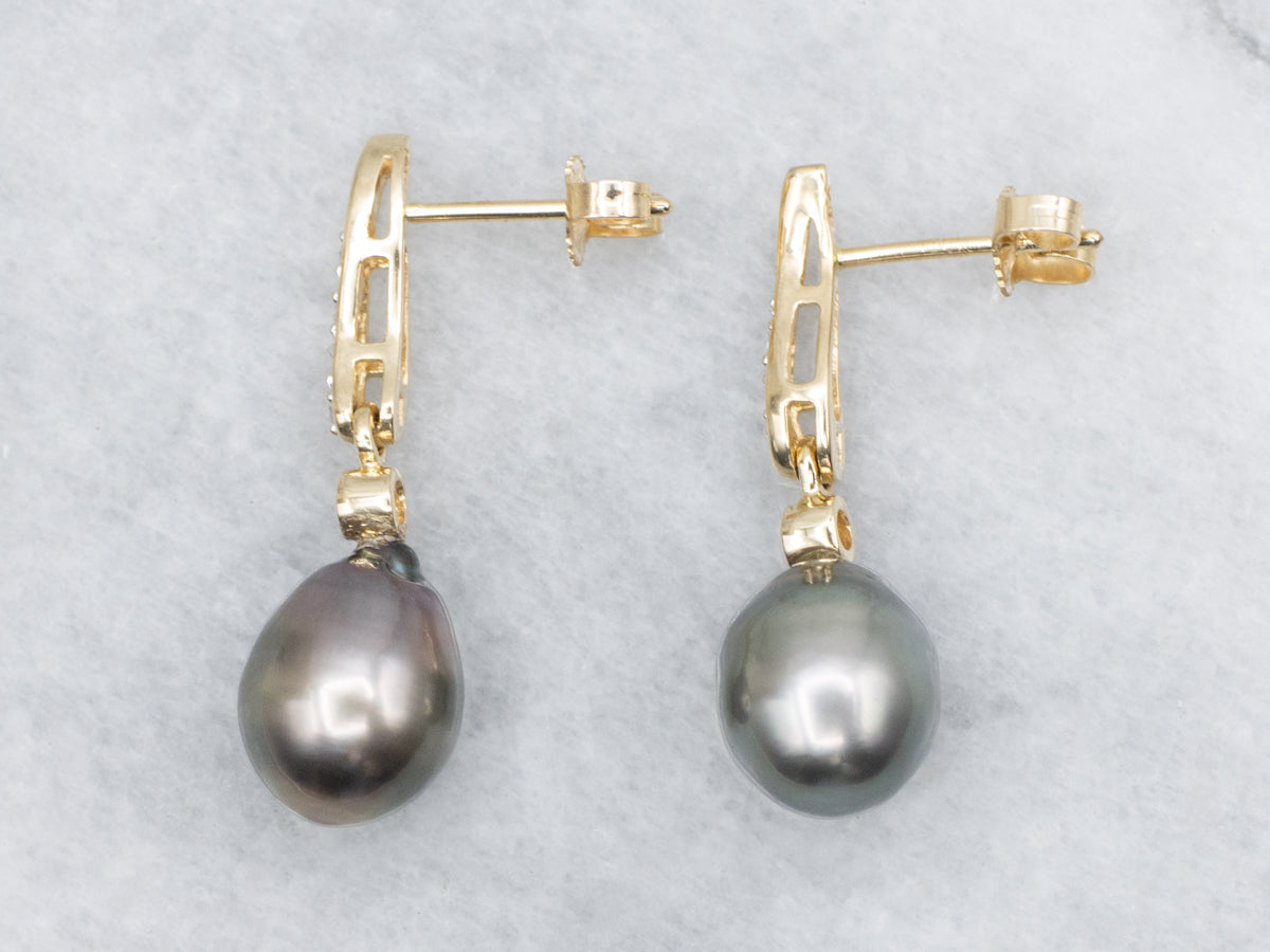Grey Pearl and Diamond Stud Back Gold Drop Earrings