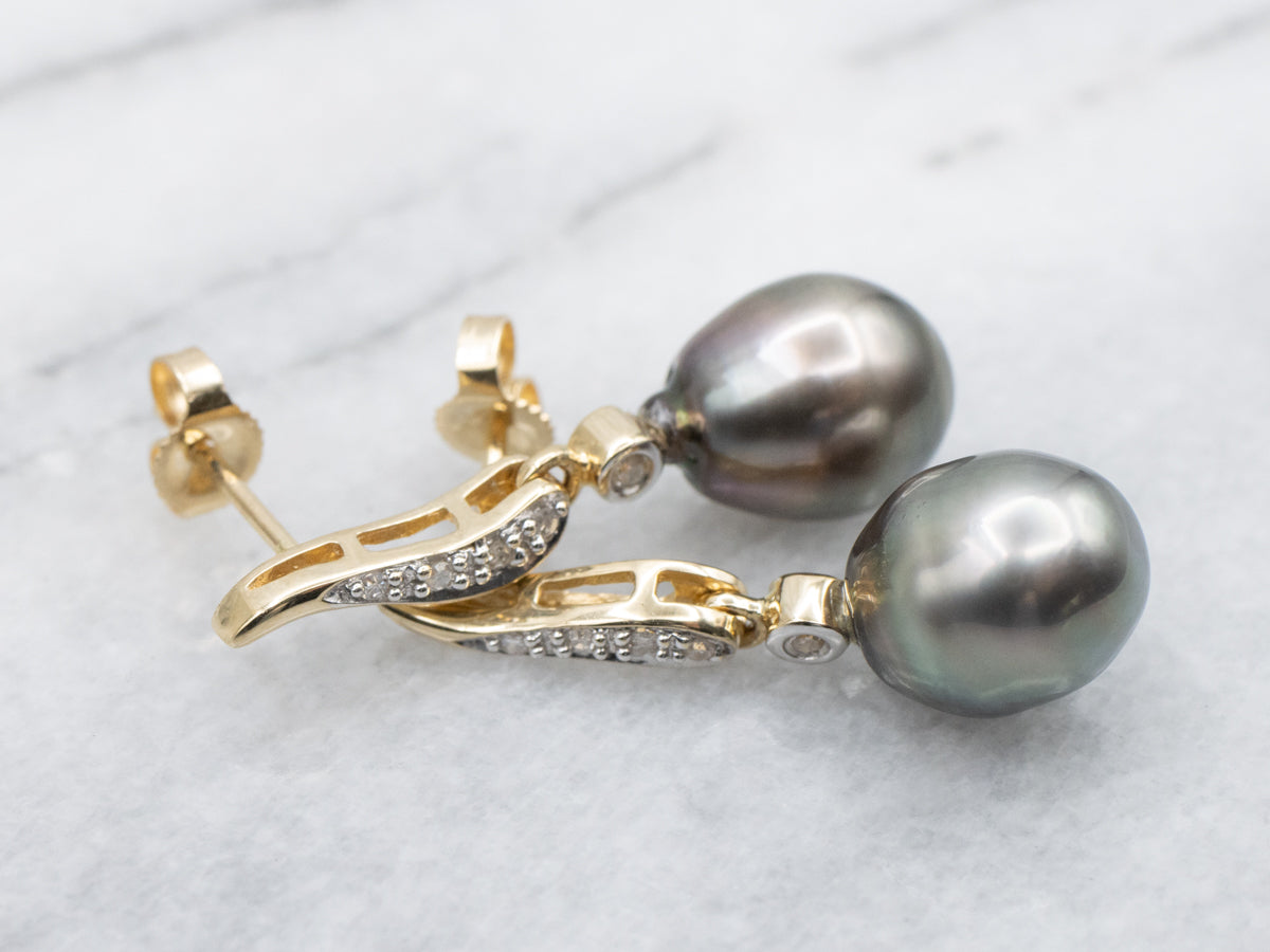 Grey Pearl and Diamond Stud Back Gold Drop Earrings