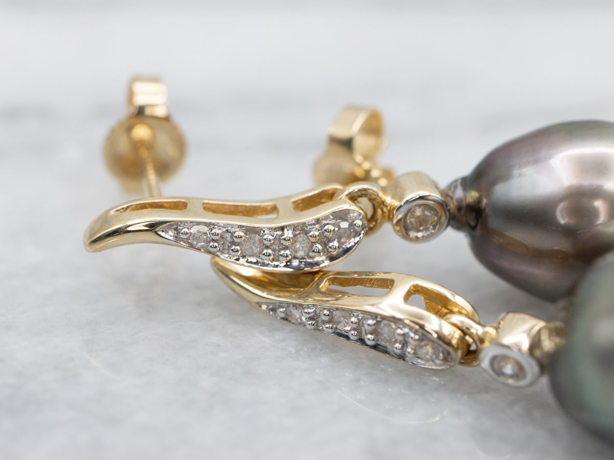 Grey Pearl and Diamond Stud Back Gold Drop Earrings