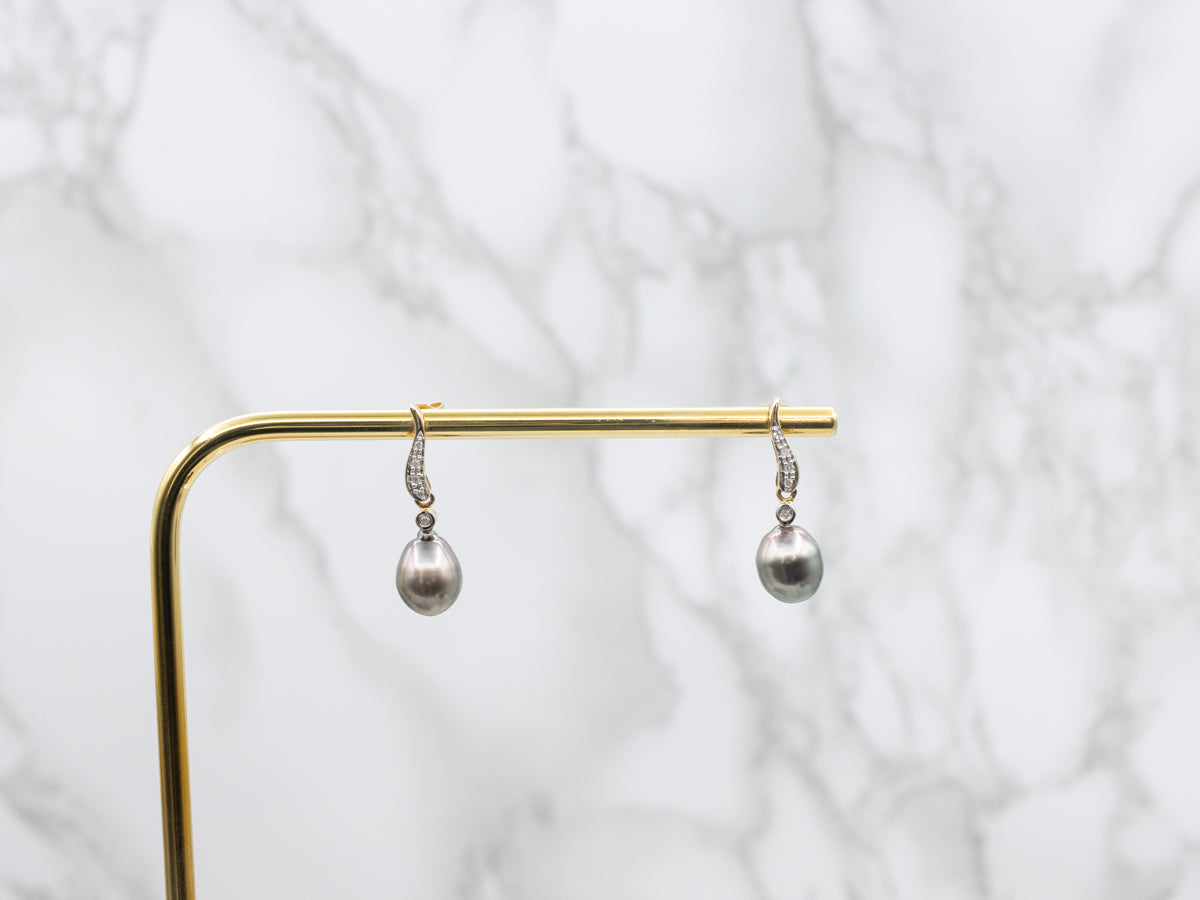 Grey Pearl and Diamond Stud Back Gold Drop Earrings