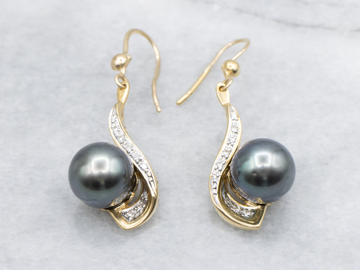 Two Tone Gold Grey Pearl and Diamond Drop Earrings