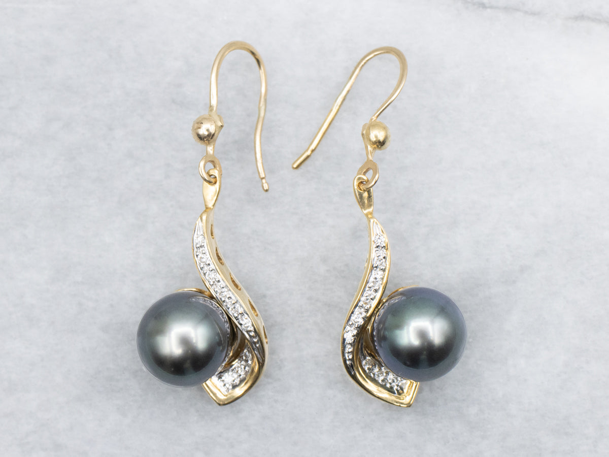 Two Tone Gold Grey Pearl and Diamond Drop Earrings