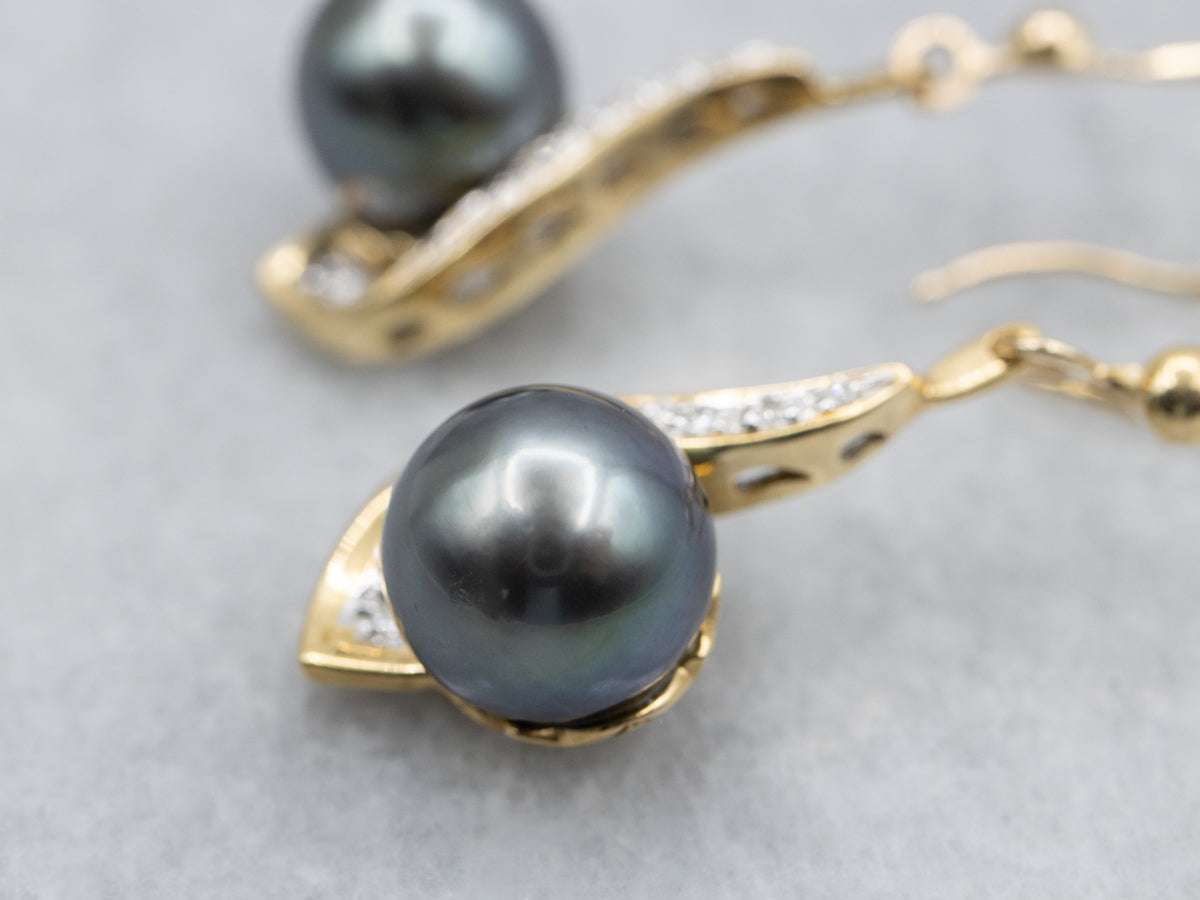 Two Tone Gold Grey Pearl and Diamond Drop Earrings