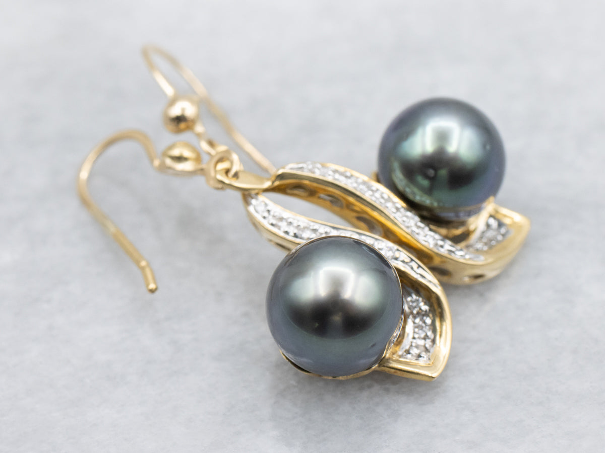Two Tone Gold Grey Pearl and Diamond Drop Earrings