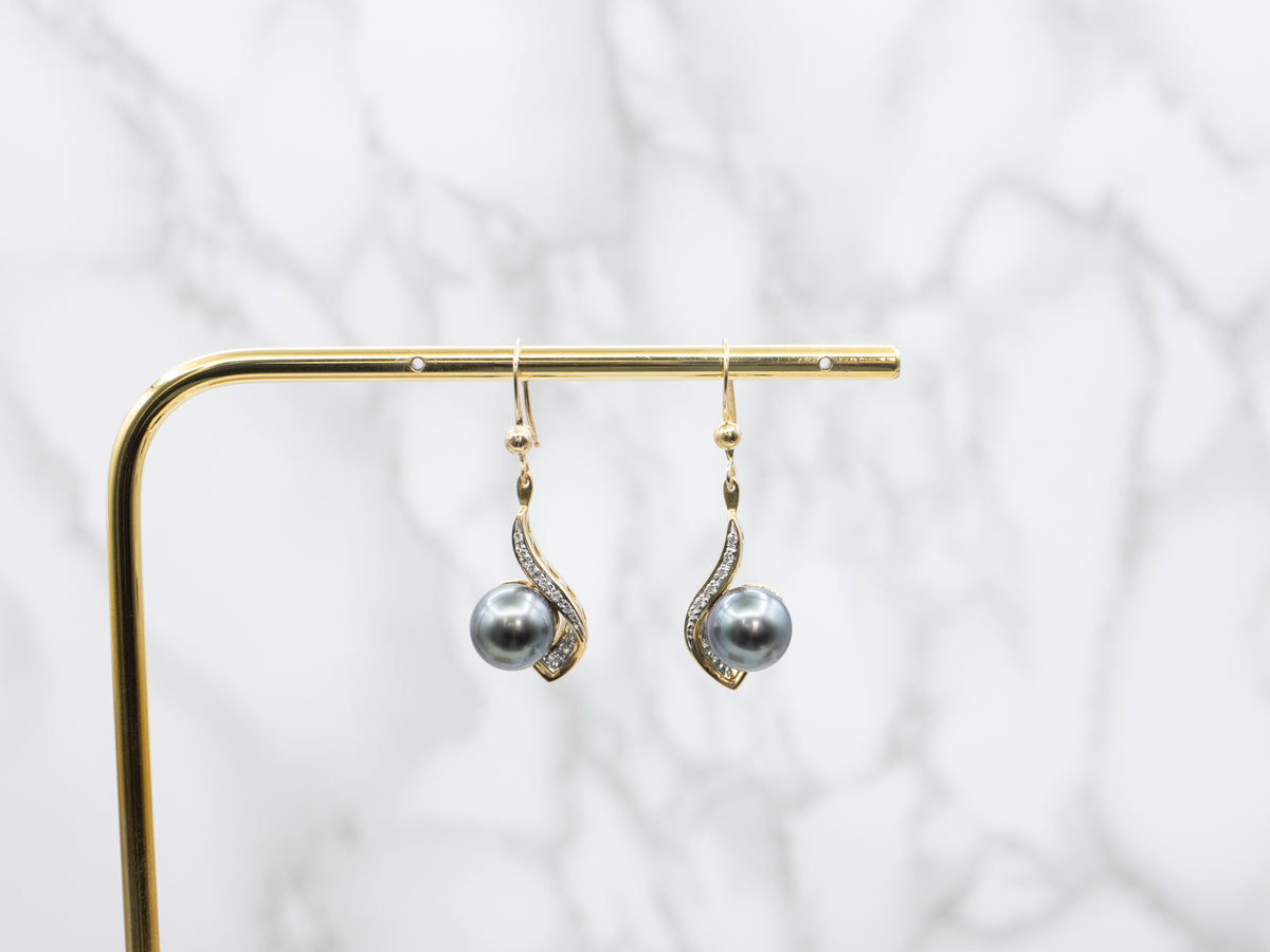 Two Tone Gold Grey Pearl and Diamond Drop Earrings