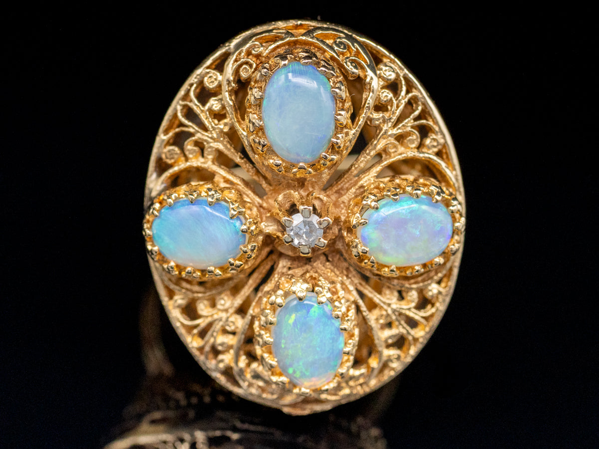 Australian Opal and Diamond Gold Filigree Cocktail Ring