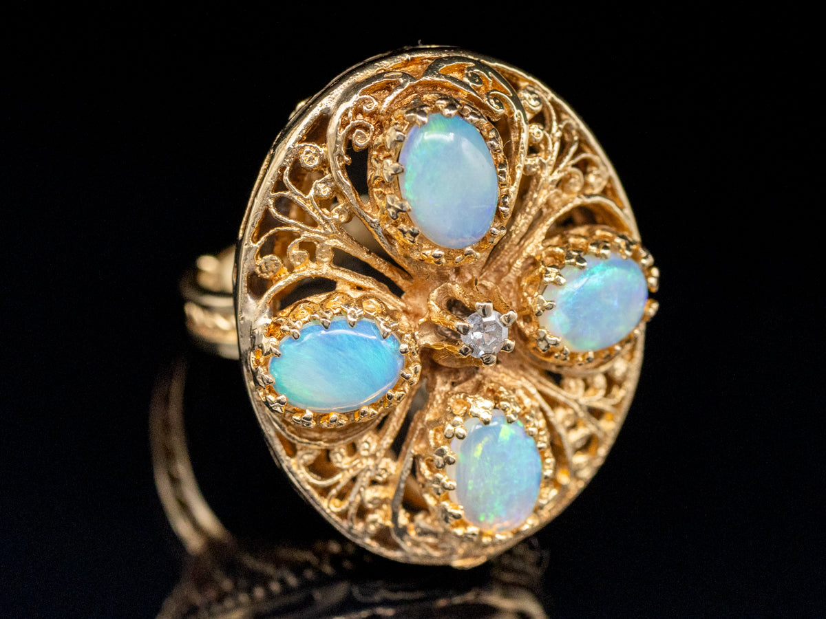 Australian Opal and Diamond Gold Filigree Cocktail Ring