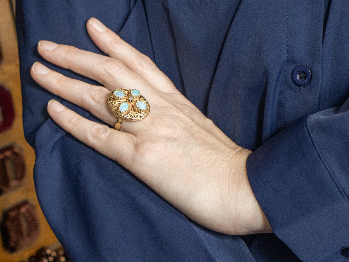 Australian Opal and Diamond Gold Filigree Cocktail Ring