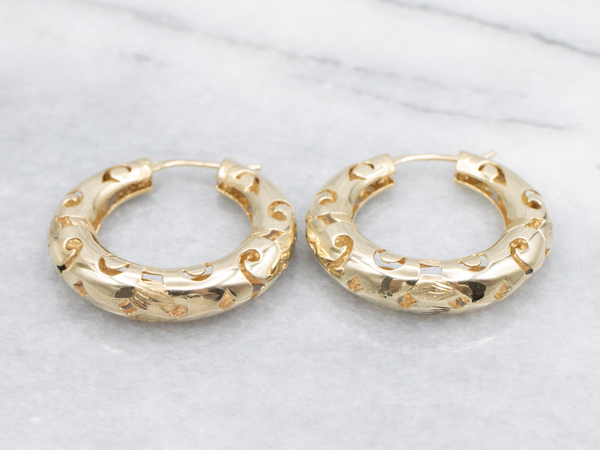 Scrolling Gold Pierced Hoop Earrings
