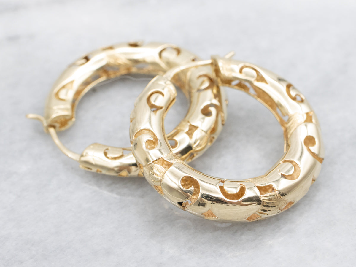 Scrolling Gold Pierced Hoop Earrings