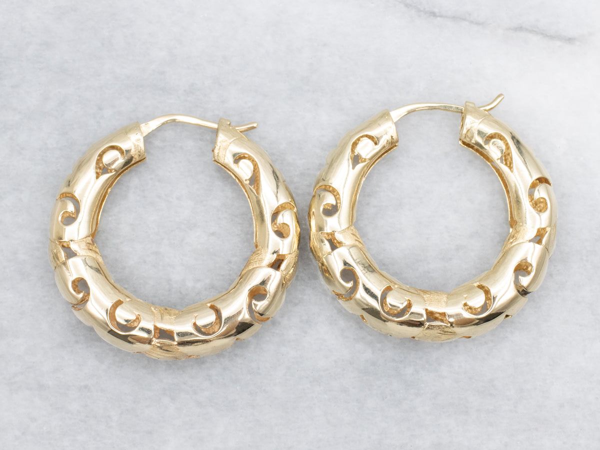 Scrolling Gold Pierced Hoop Earrings